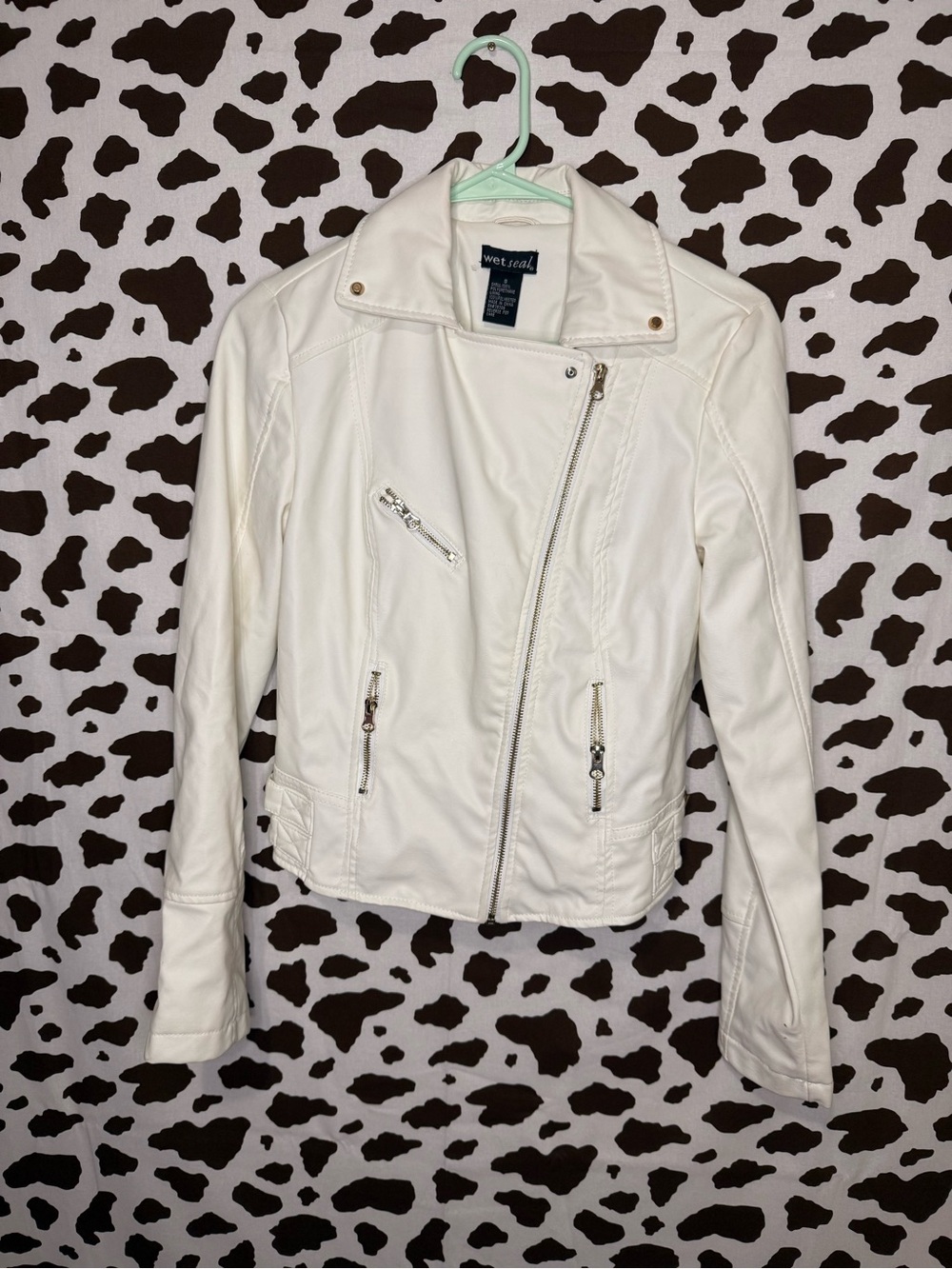 Wet Seal women's white short biker jacket with zipper pockets, long sleeve, S